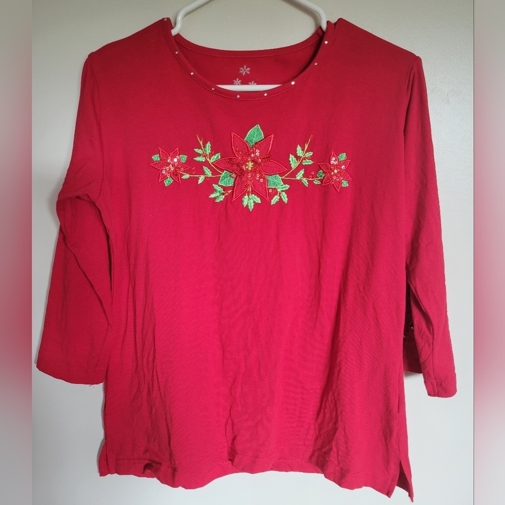 Hillard & Hanson Women's Red Holiday Embroidered Poinsettia 3/4 Sleeve Top Sz M
